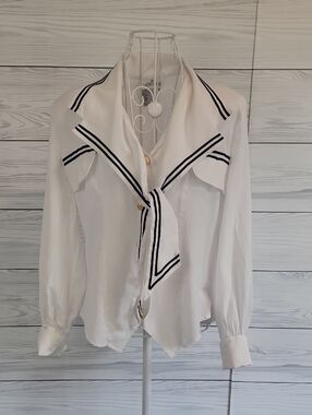 Vintage Carry Back White Sailor Collar Blouse with Black Trim Womens Size 8